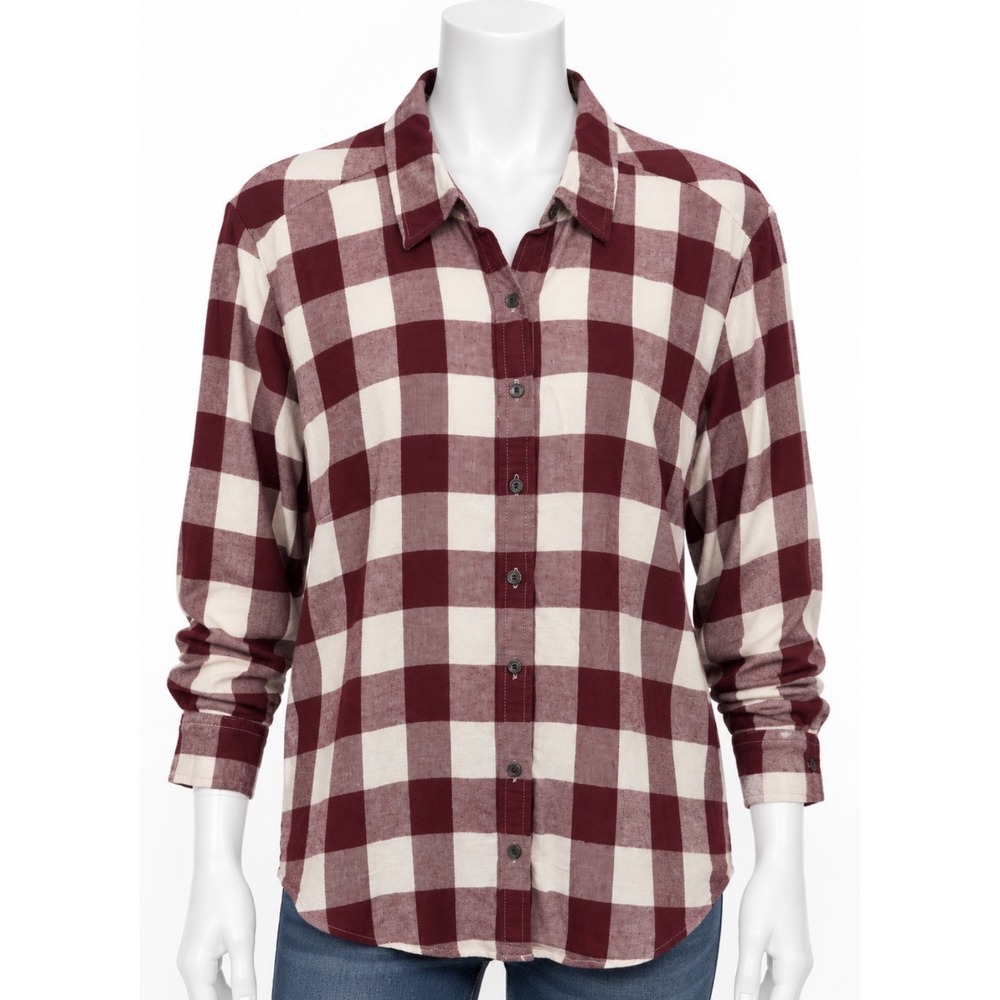 LANDS END Women's Checked Flannel Long Sleeve Shirt Maroon Cream 1X 16W 18W